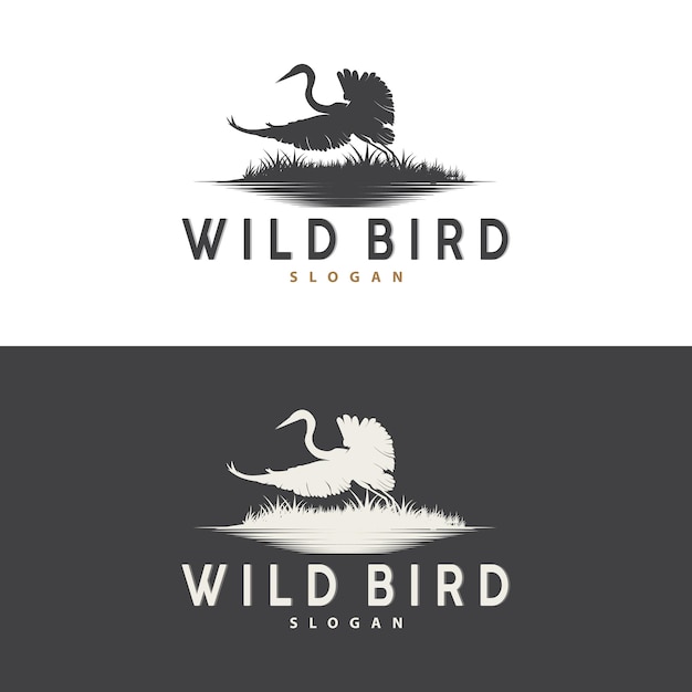 Stork Bird Logo Heron Grass And River Design Vector Simple Template illustration