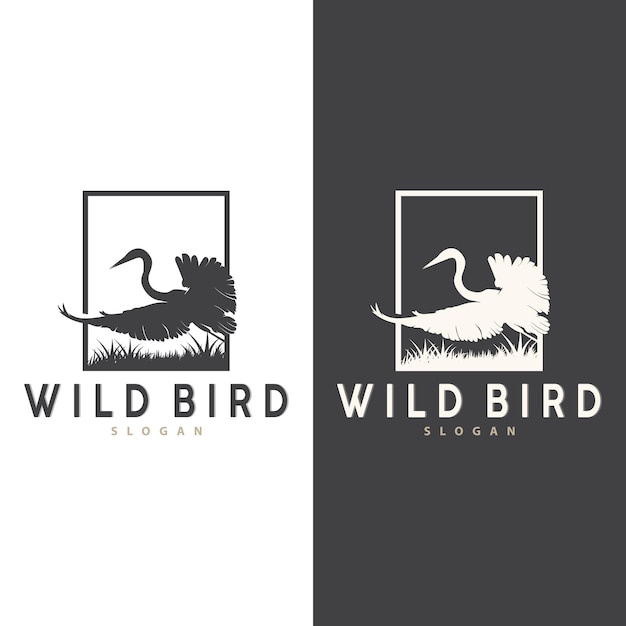 Stork Bird Logo Heron Grass And River Design Vector Simple Template illustration