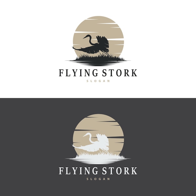 Stork Bird Logo Heron Grass And River Design Vector Simple Template illustration