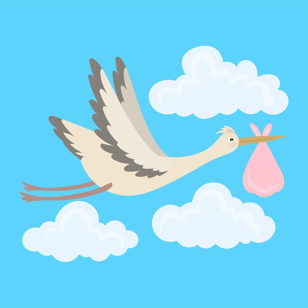 Stork carrying a baby in a bag