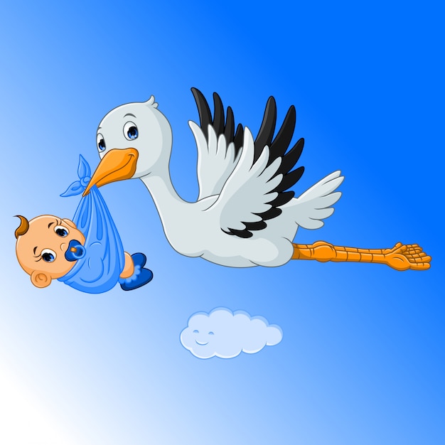 Vector stork carrying a baby boy,