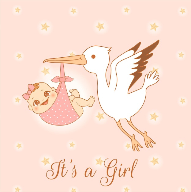 Vector stork carrying a cute baby it's a girl card template