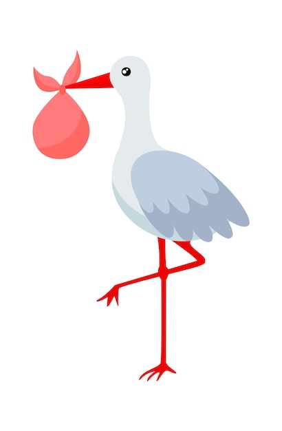 Stork carrying a sack with a baby Vector illustration