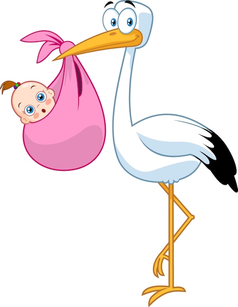 Vector stork delivering a newborn baby girl.  illustration isolated on white background