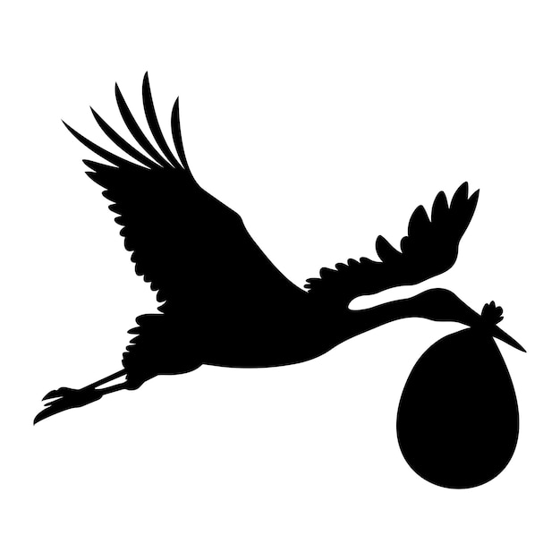 Stork flying carrying a bag silhouette Vector illustration