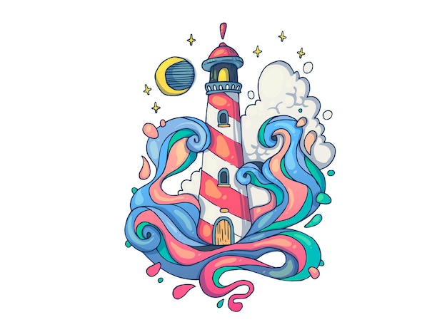 Storm at sea near the lighthouse. Creative cartoon illustration.  