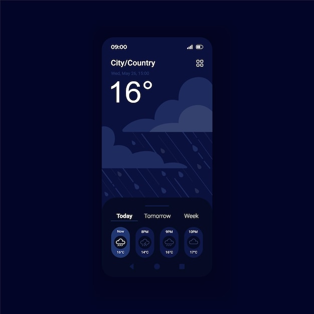 Vector storm weather forecast night mode smartphone interface vector template