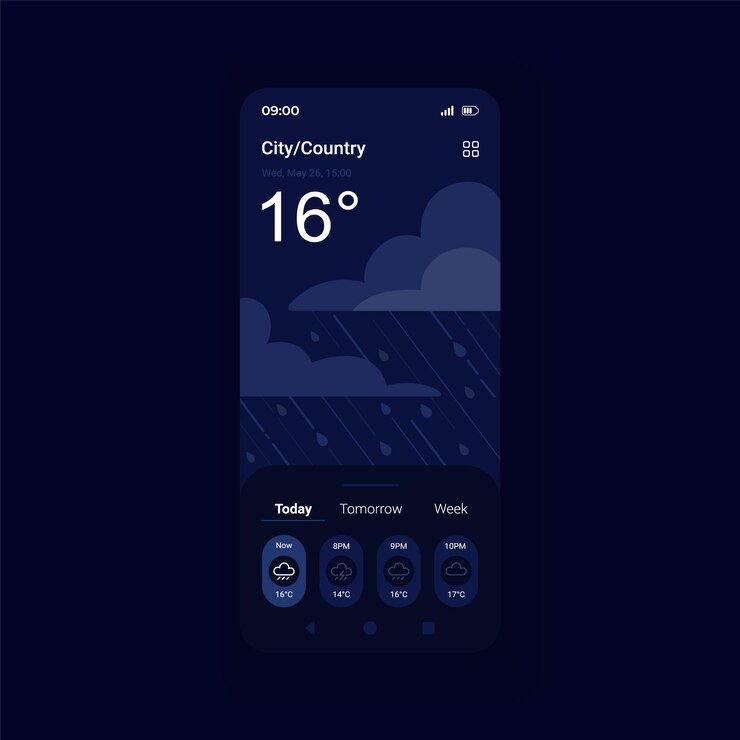 Vector storm weather forecast night mode smartphone interface vector template
