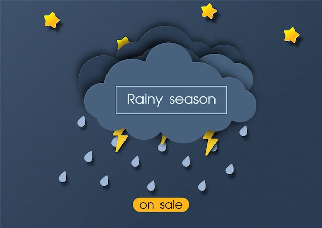 Vector storms rainy clouds with on sale yellow banner and rainy season lettering in paper cut style