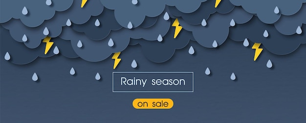 Storms and rainy weather in paper cut style with on sale yellow banner and Rainy season lettering