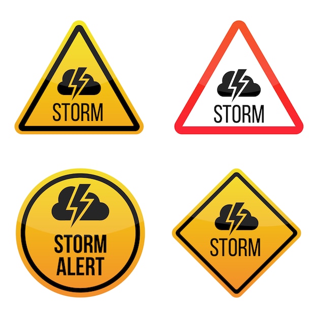 Vector stormweeralarm. waarschuwingsborden labels. geel en rood. geïsoleerd op een witte achtergrond.