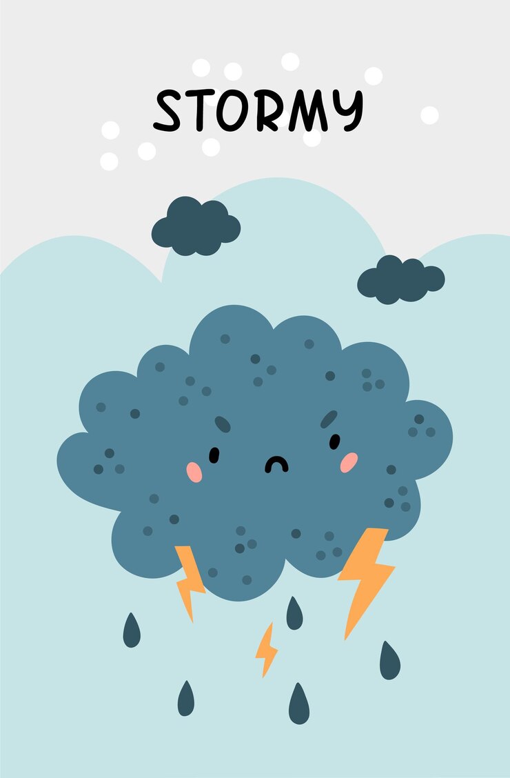 Vector 荒れた天気。かわいい落書きスタイルの稲妻と怒っている雲のキャラクター