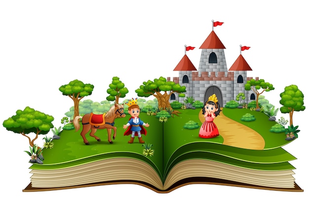 Vector story book of princes and princesses in the royal courtyard