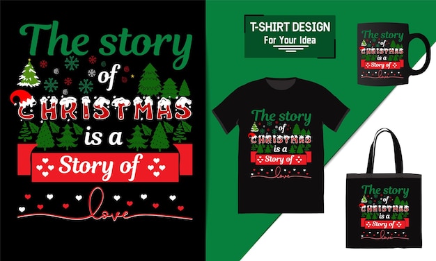 クリスマスの物語は、マーチャンダイジングのための愛のTシャツのデザインバッグとマグカップのモックアップの物語です