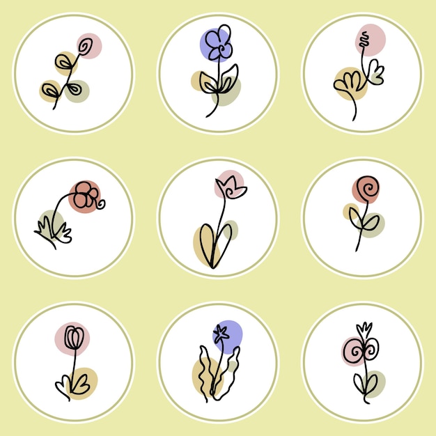 Vector story highlight icons set collection of continuous line flowers logo for boutique floral shop eco product hand drawn vector illustration for decor and design