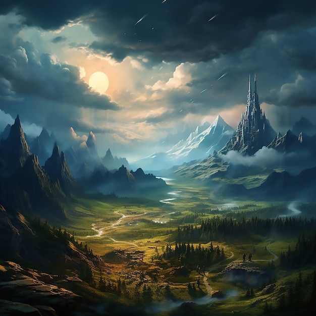 Vector story mystery planet fairy painting peak fantasy valley artwork fog earth sunrise artistic game