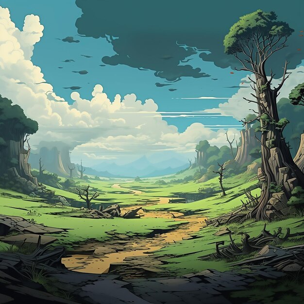 Vector story tale fantasy land panorama game meadow fantastic scenery scene wallpaper hill scenic island