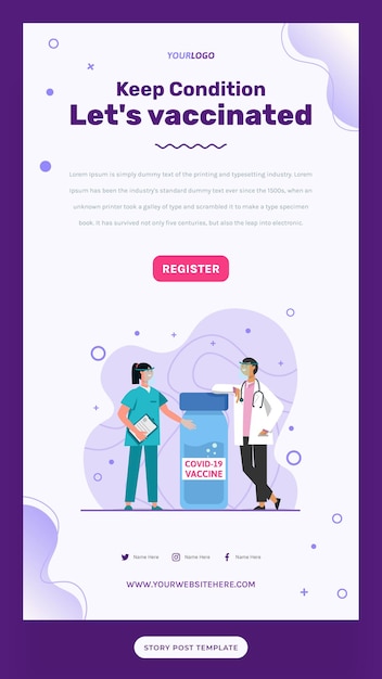 Vector story template illustration nurses and doctors, with vaccine bottles