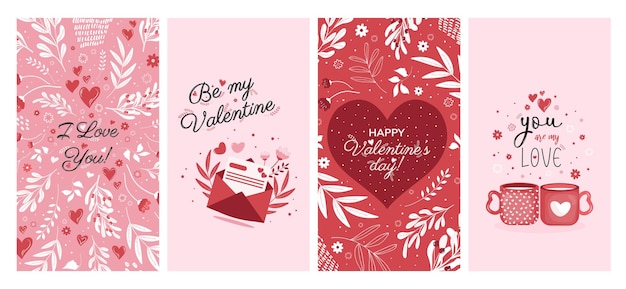 Шаблоны историй для социальных сетей на День святого Валентина Красивые с растительными цветами и плакатами с сердечками Вектор
