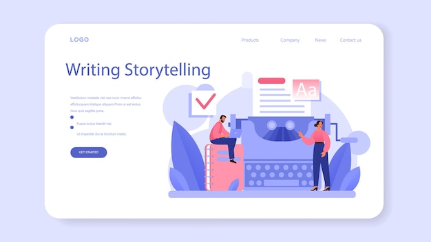 ストーリーテリングのwebバナーまたはランディングページ。プロのスピーチライターまたはジャーナリスト。創造的な人々と職業のアイデア。メディア用のテキストを作成するコピーライター。フラットベクトル図