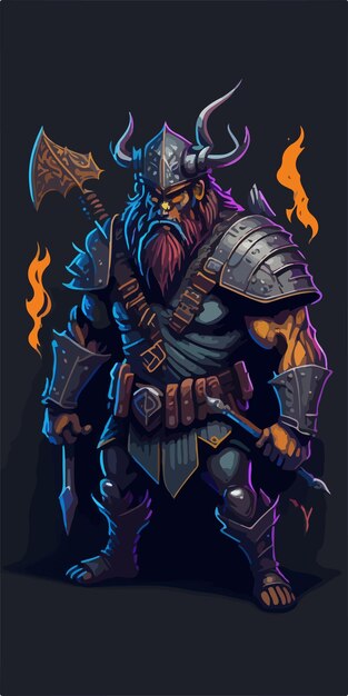 Vector a stout dwarf warrior brandishes an ancient weapon with honor