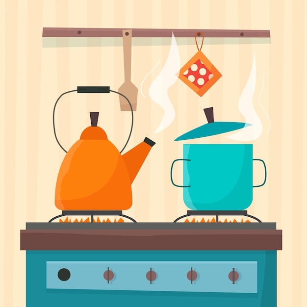 stove in kitchen oven with dishes pan pot kettle