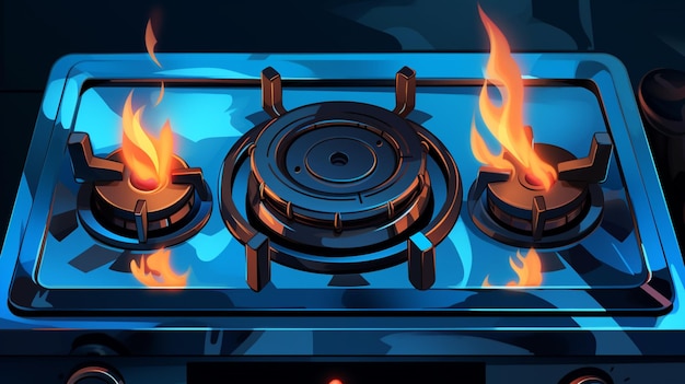 Vector a stove with flames and a blue background