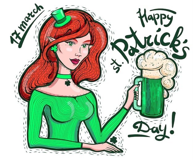 StPatrick's Day 17 maart vakantie Vrouw kabouter Iers met een mok bier Gravure