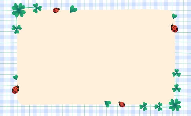 Stpatricks day Clover Leaf Lady Bug Blue Gingham Pattern Paper Background Frame Border Blank note