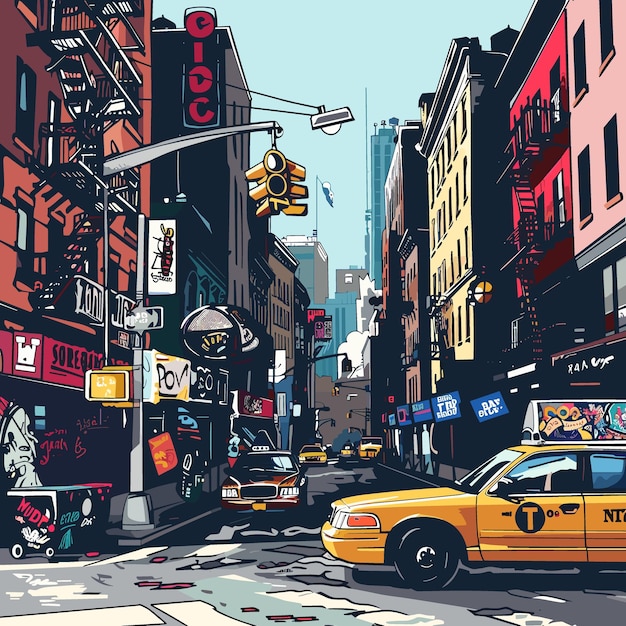 Straatbeeld van New York City met auto's en verkeerslichten vectorillustratie