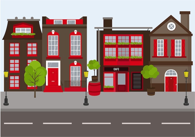 Straatlandschap met flatgebouwen, winkels en bars Platte vectorillustratie