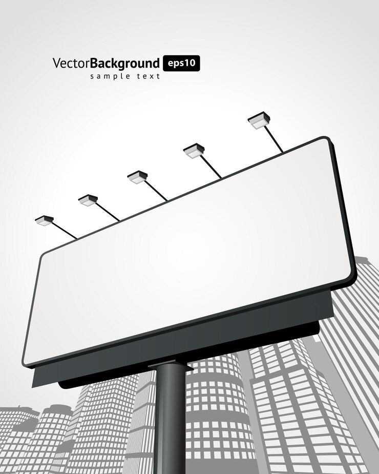 Vector straatreclame billboard met achtergrondverlichting lantaarns vector banner zwart metalen plakkaat op dikke buis staan voor video-promotie en commercial