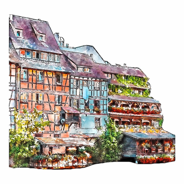 Straatsburg frankrijk aquarel hand getrokken illustratie geïsoleerd op witte achtergrond