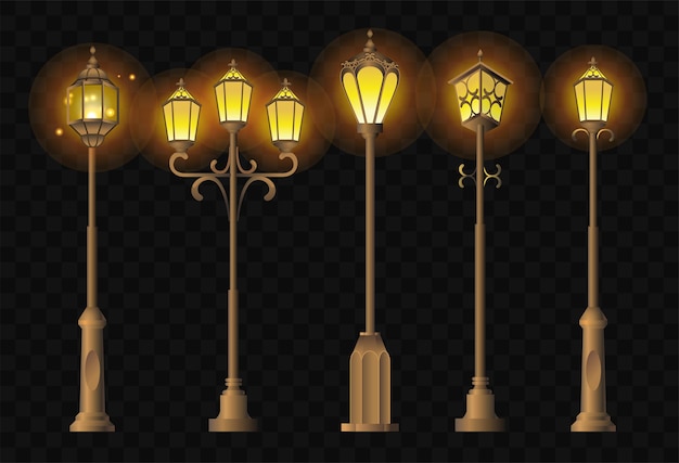 Straatverlichting - realistische moderne vectorset van verschillende vormstad, stadslantaarns. Zwarte achtergrond. Clip-art van hoge kwaliteit voor presentaties, banners. Vintage lantaarnpalen om jouw kant op te schijnen.