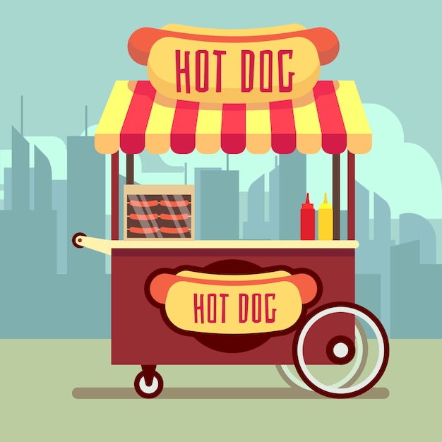 Straatvoedsel automaat met hotdogs in vlakke stijl