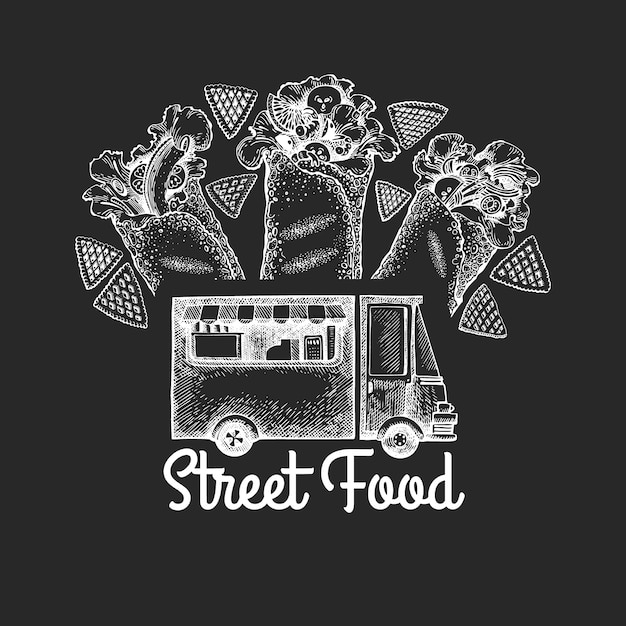 Straatvoedsel van logo sjabloon. gegraveerde stijl burrito truck retro design.