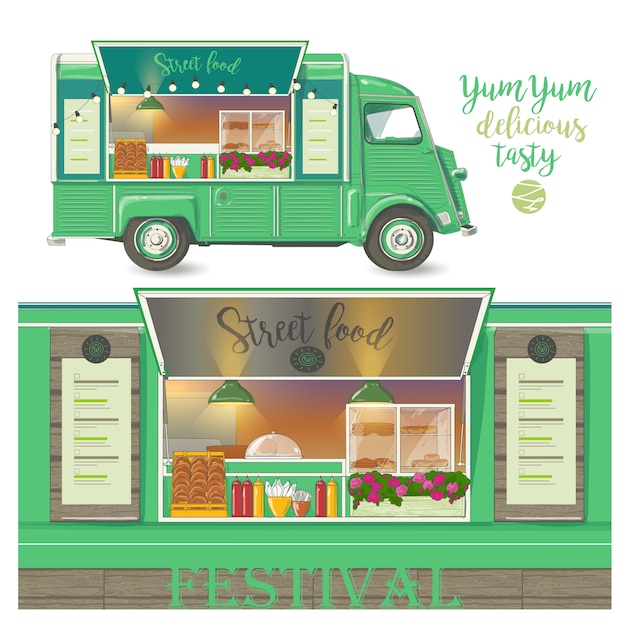 Straatvoedselwagen. fast food levering. vectorillustratie geïsoleerd op witte achtergrond