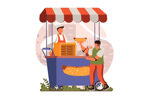 Straatwinkels webconcept in plat ontwerp Man hotdogs maken en snacks verkopen bij straatkraam Jongen fastfood kopen in kiosk Food court op stadsmarkt Vectorillustratie met mensenscène