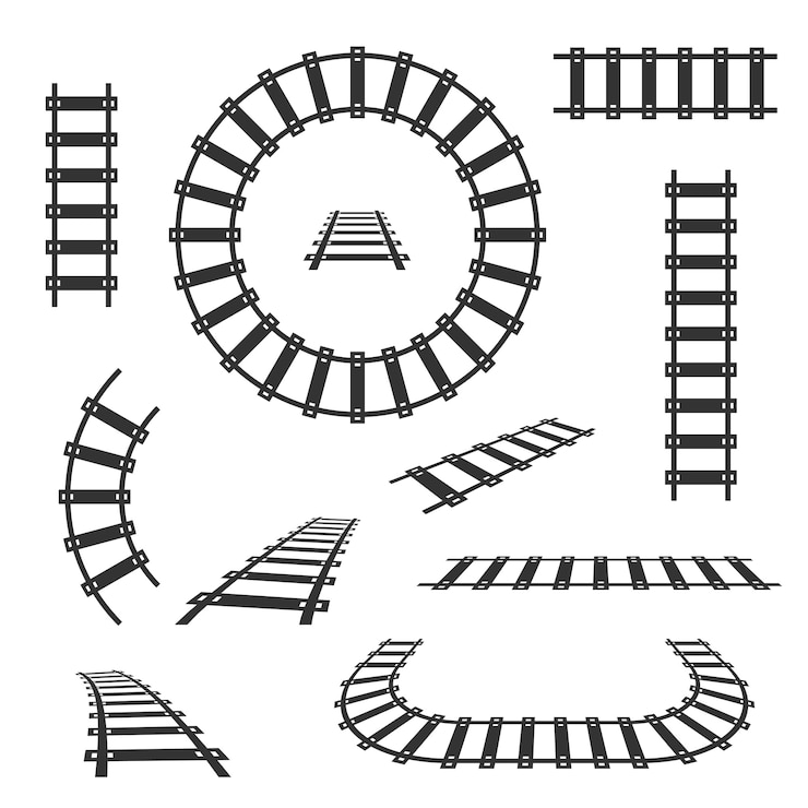 Vector straight and curved railroad tracks black icons