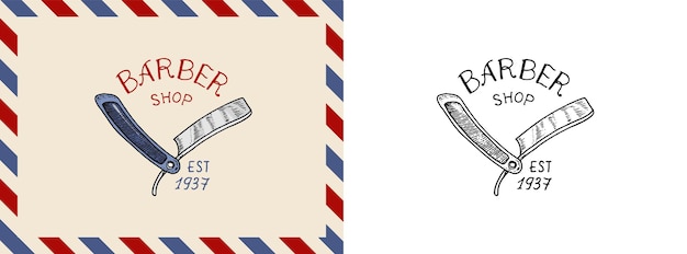 Значок и этикетка с логотипом парикмахерской опасной бритвы и эмблемы хипстера для стрижки бороды и усов