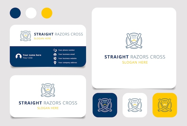 Straight razors cross logo ontwerp met bewerkbare slogan