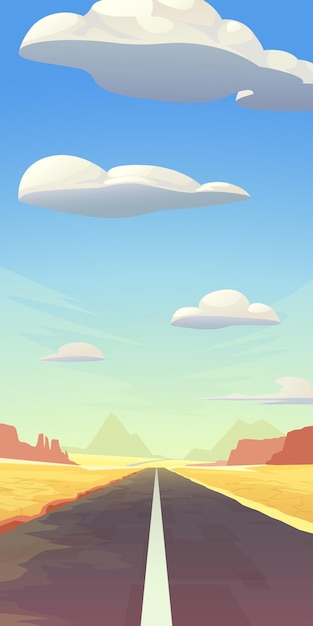 Vector straight road in desert landscape cartoon style