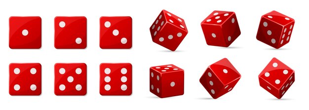 Vector straight and turned vegas casino red dice in row one to six position cube take chance gambling addiction risky money lucky game isolated on white background vector illustration