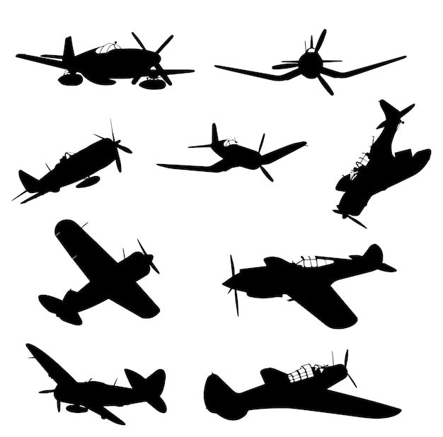Vector strakke silhouetillustraties van de amerikaanse wereld oorlog twee air force fighter planes planes identi