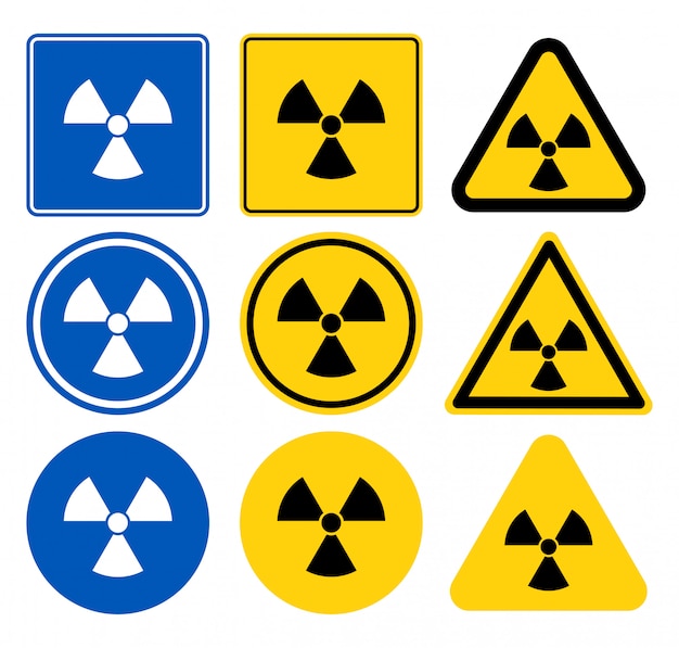 Straling pictogram, straling symbool, wit pictogram op blauwe achtergrond, vectorillustratie