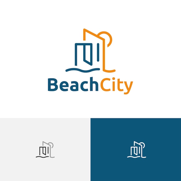Strand baai stad gebouw kust zee monoline stijl logo