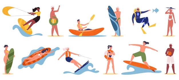 Strand- en wateractiviteiten mensen surfen duiken en kanoën stripfiguren doen extreme water- of strandsporten vectorillustratie instellen zomervakantie-activiteit