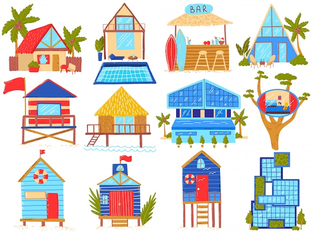 Vector strand herbergt illustratie set, cartoon strohutten aan het strand, bungalow huis met palmbomen of exotische huishoudens villa hotels