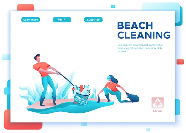 Vector strand kust opruimen concept, schoonmaak mensen met tas