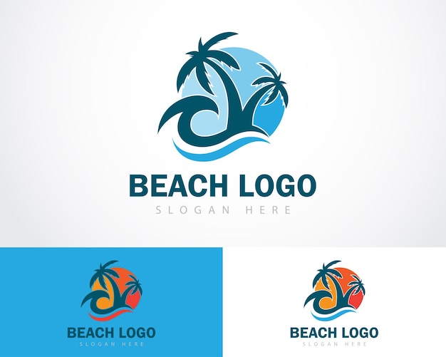 Strand logo creatief ontwerpconcept zon zonsopgang reizen logo boom ontwerp natuurlijk tropisch embleem